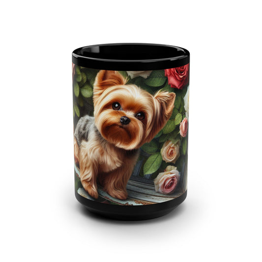 Cute Yorkie 🐾🐾🌹Black Mug, 15oz
