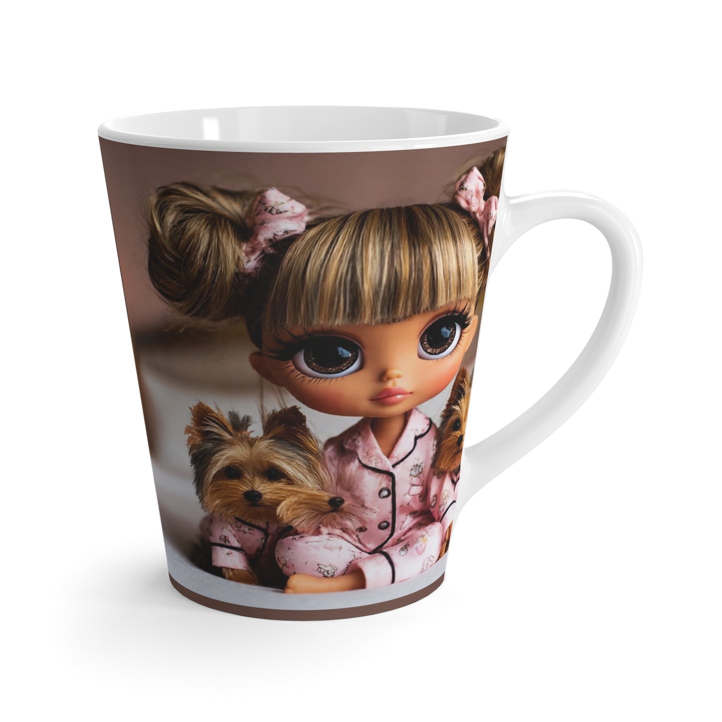 Cute Pajama Girl & Yorkshire Terriers Latte Mug — Cozy Night In Coffee Cup