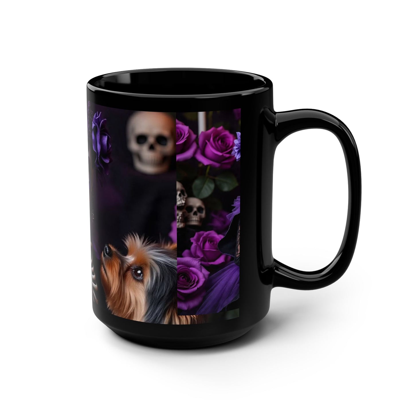 Gothic Floral Black Mug, 15oz Coffee Cup with Day of the Dead Design, Perfect Gift for Halloween, Pet Lovers, and Home Decor
