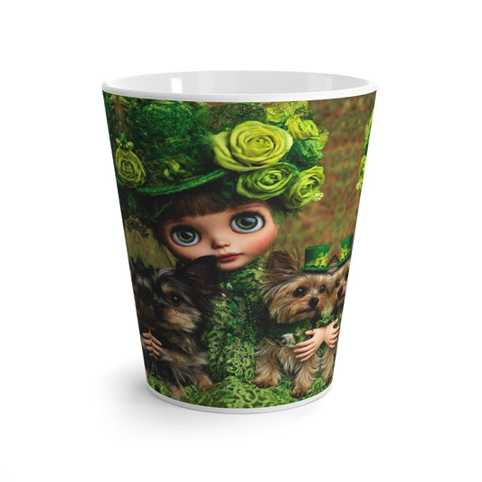 Blythe Doll in Green with Yorkies Latte Mug — Cute St. Patrick’s Day Coffee Cup