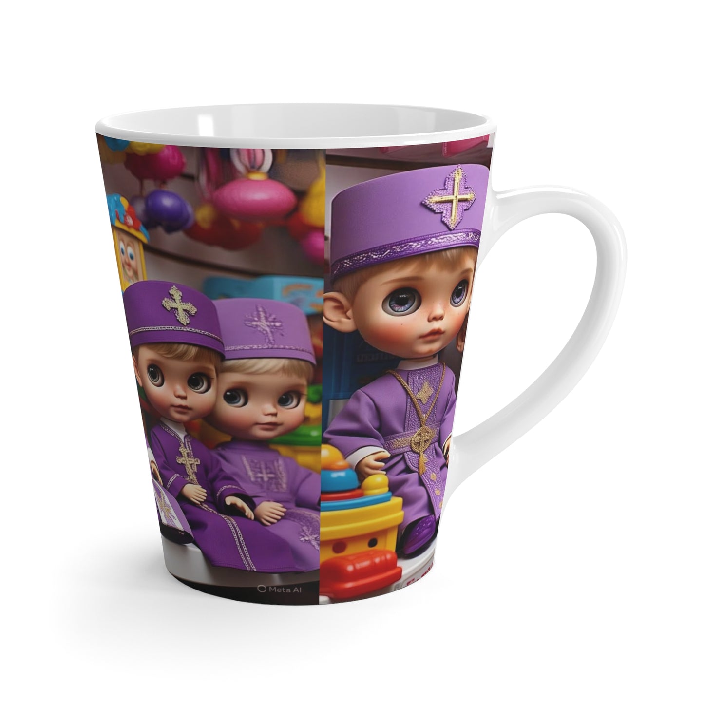 Whimsical Latte Mug with Adorable Doll Design, Cute Gift for Kids, fun collectible, unique kitchen decor, purple bishop dolls, playful [...]