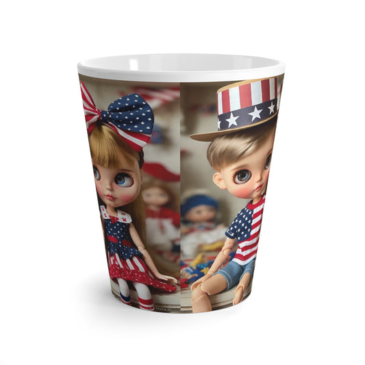 Patriotic Latte Mug with Festive Dolls, Cute Gift for July 4th, Coffee Lover's Mug, Americana Decor, Vintage Doll Collectors
