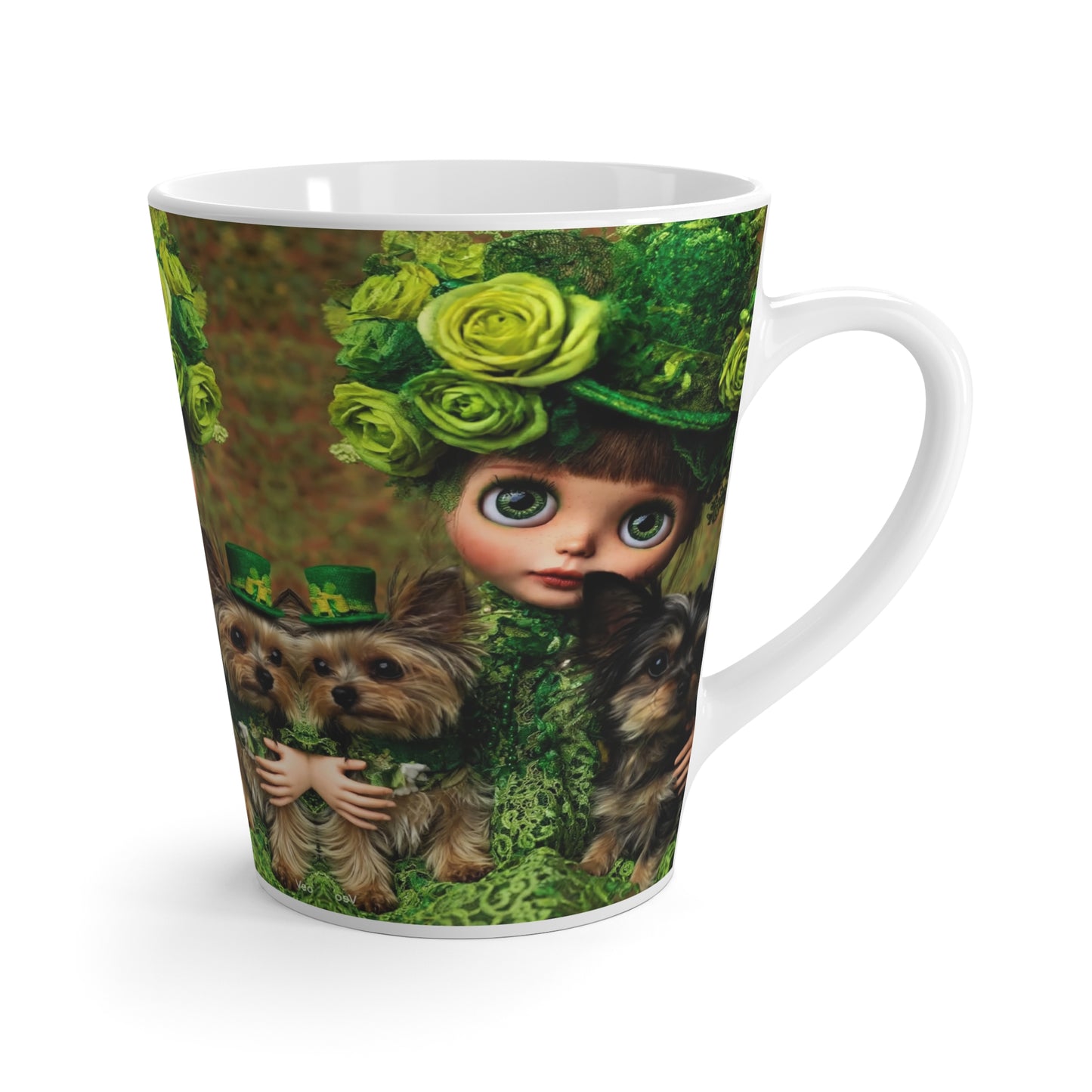Blythe Doll in Green with Yorkies Latte Mug — Cute St. Patrick’s Day Coffee Cup