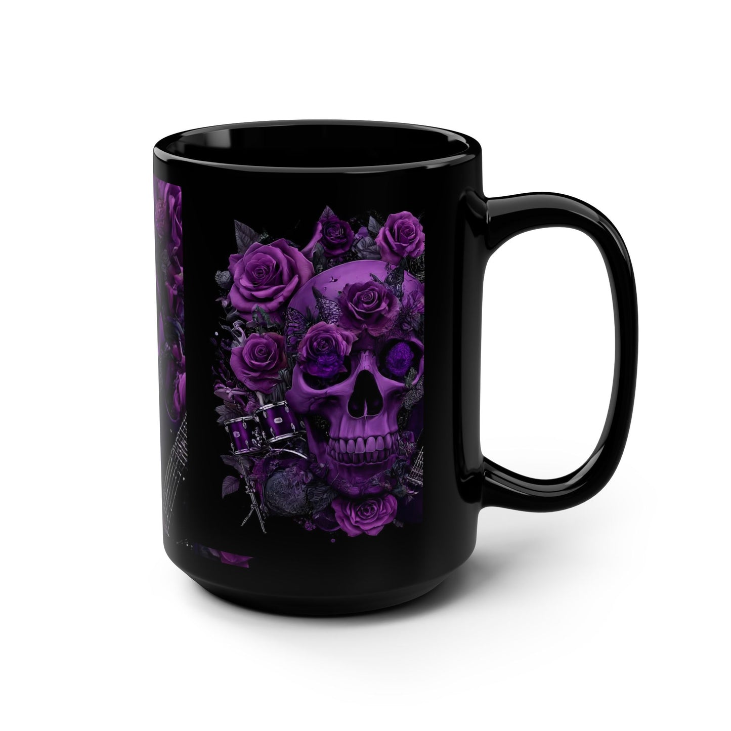 15oz Black Mug — Purple Skull with Roses Coffee Cup