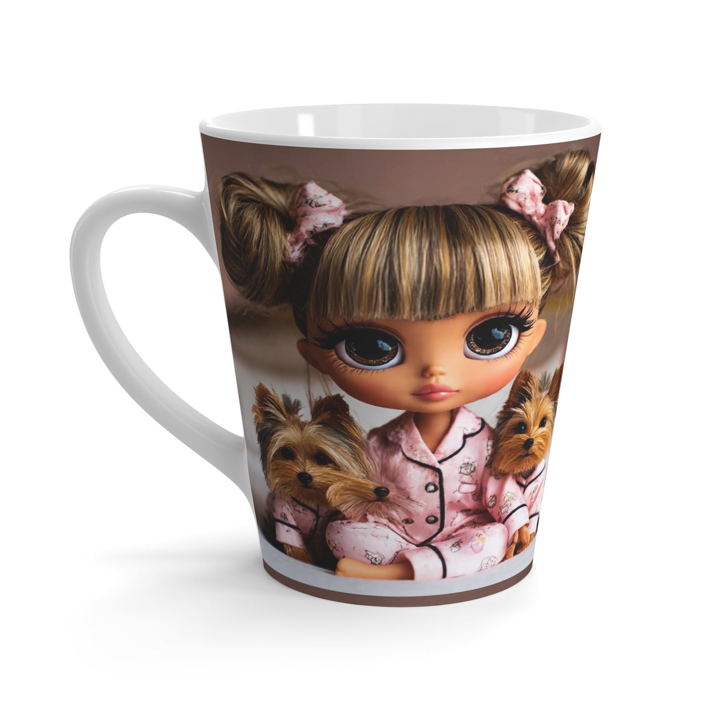 Cute Pajama Girl & Yorkshire Terriers Latte Mug — Cozy Night In Coffee Cup