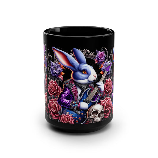 Rockstar Rabbit 15oz Black Mug - Gothic Floral Design for Music Lovers
