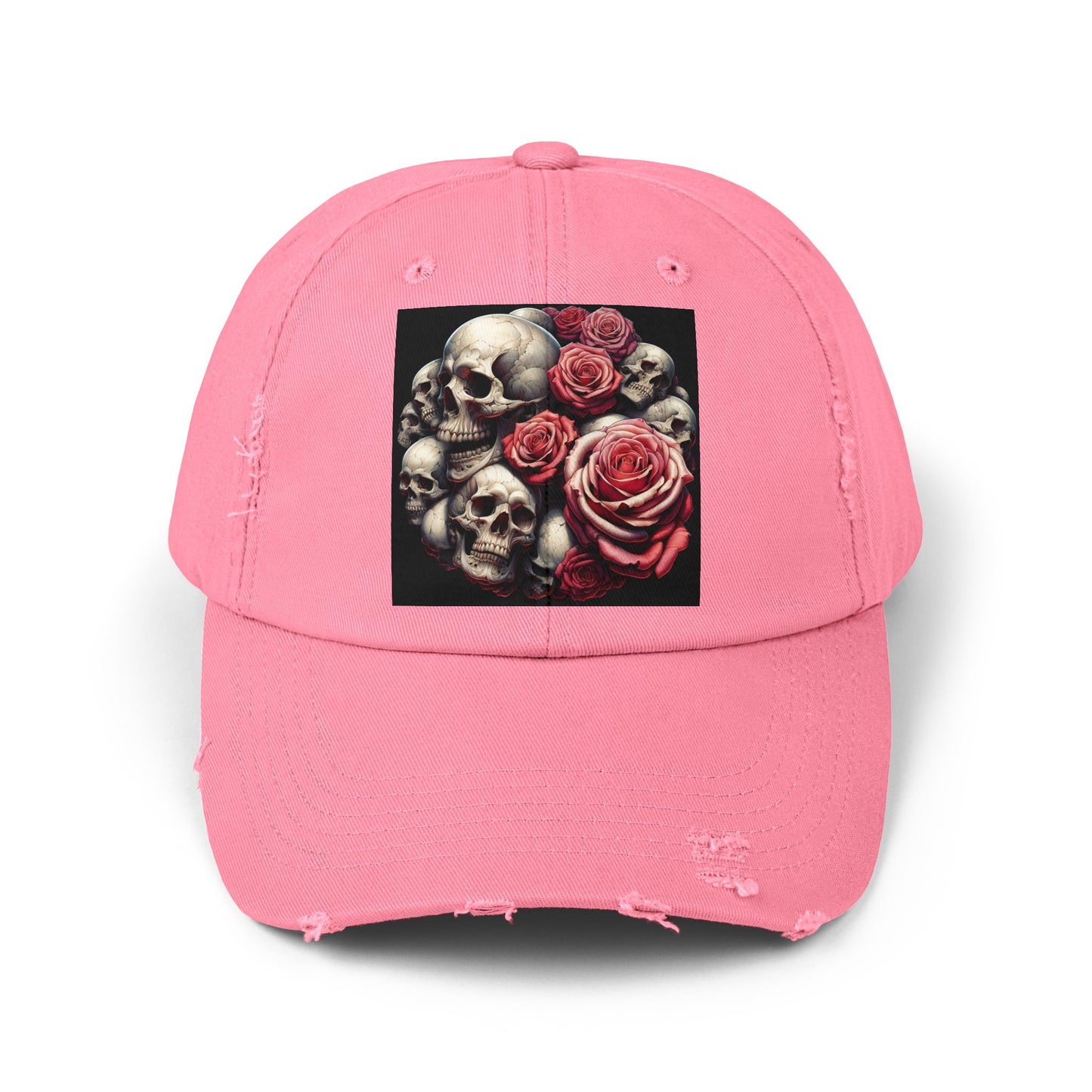 Pink Roses💕💀Skull💕Unisex Distressed Cap