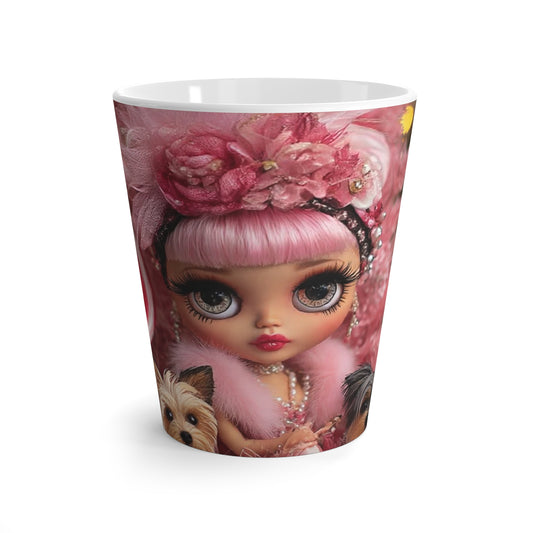 Latte Mug — Pink Doll Art Latte Mug with Lollipop & Puppy Illustration