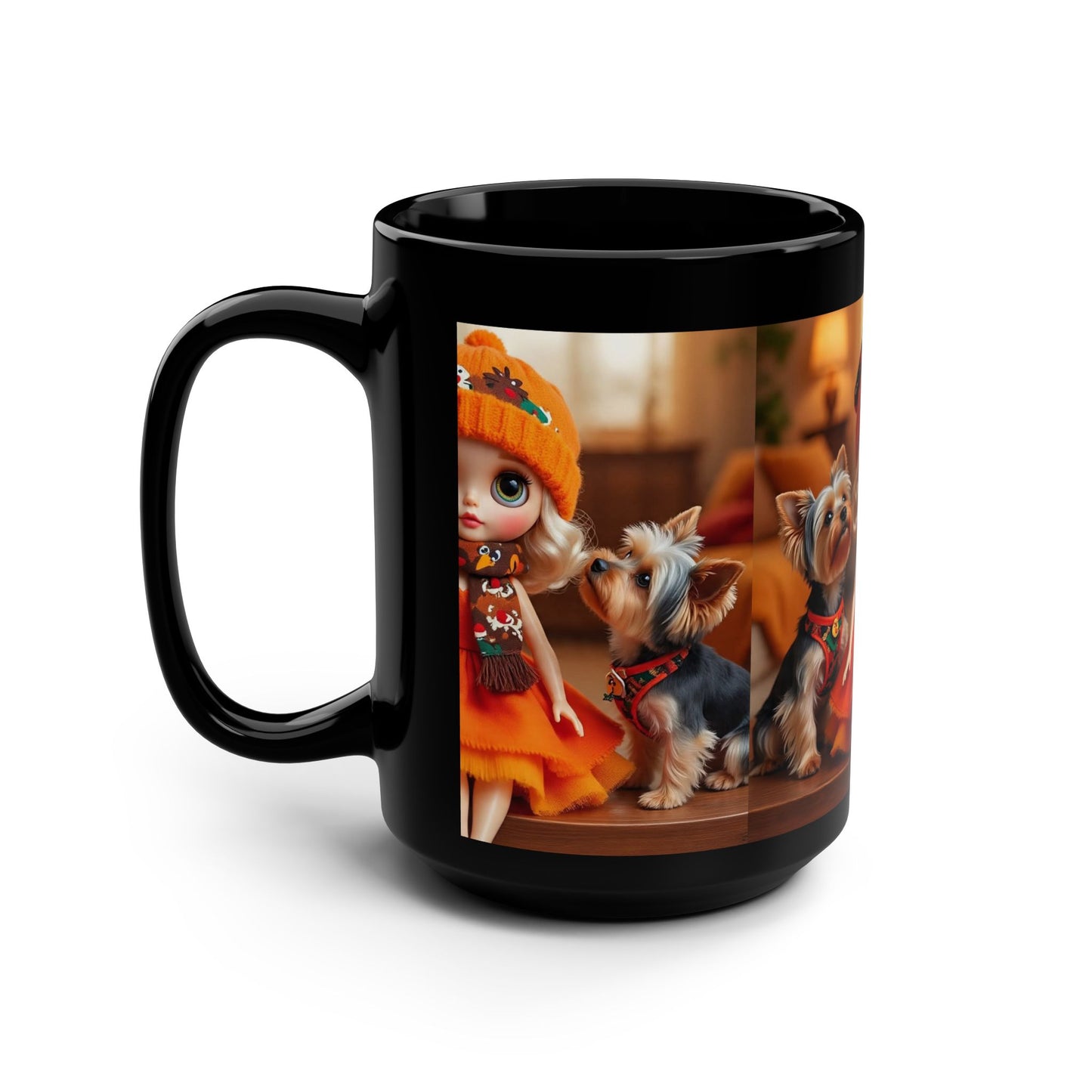 Cute Doll & Yorkies Black 15oz Mug — Cozy Autumn Pet Lover Coffee Cup