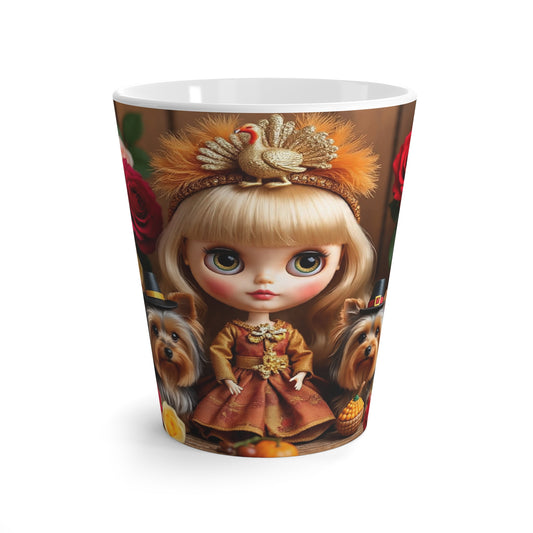 Blythe Girl & Yorkies Latte Mug — Vintage Doll Portrait Coffee Cup