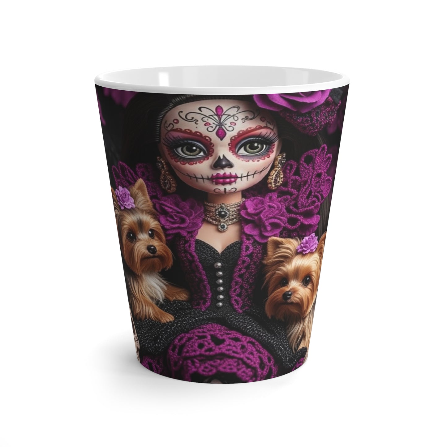 Day of the Dead Latte Mug — Sugar Skull Girl with Yorkies & Purple Roses
