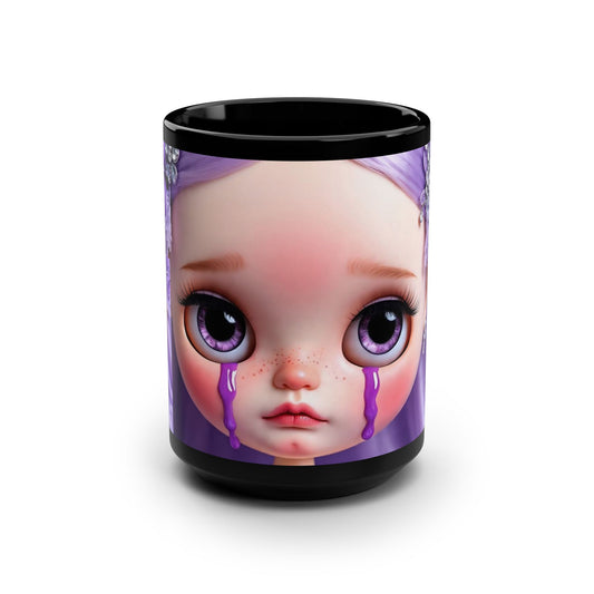 Crying Doll Black Mug - 15oz, Cute Coffee Cup, Gift for Doll Lovers, Unique Mug for Collectors, Birthday or Holiday Gift, Purple Art Mug