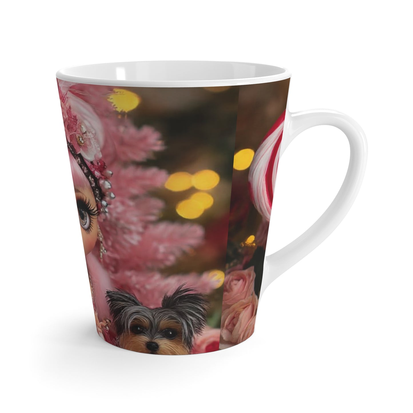 Latte Mug — Pink Doll Art Latte Mug with Lollipop & Puppy Illustration