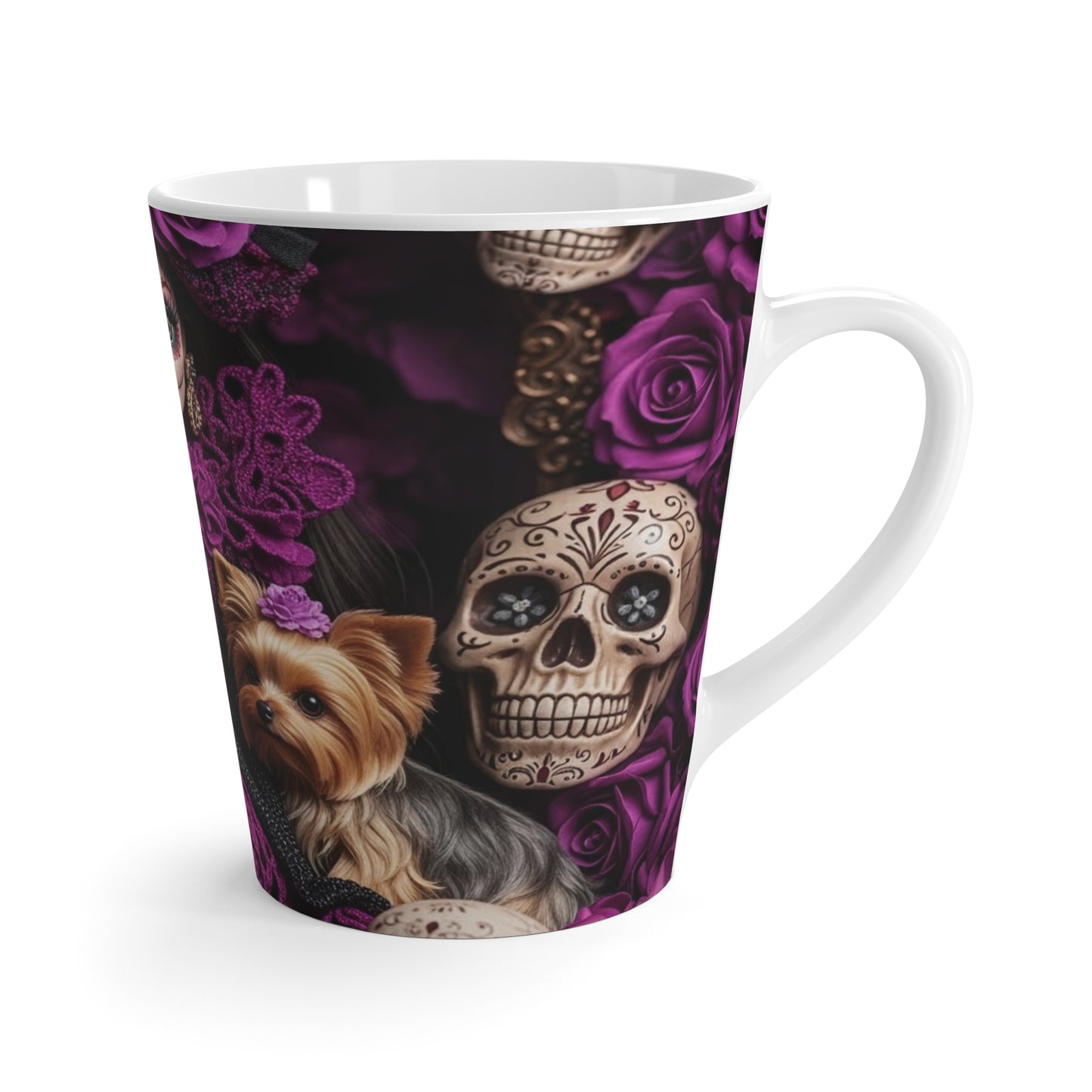 Day of the Dead Latte Mug — Sugar Skull Girl with Yorkies & Purple Roses