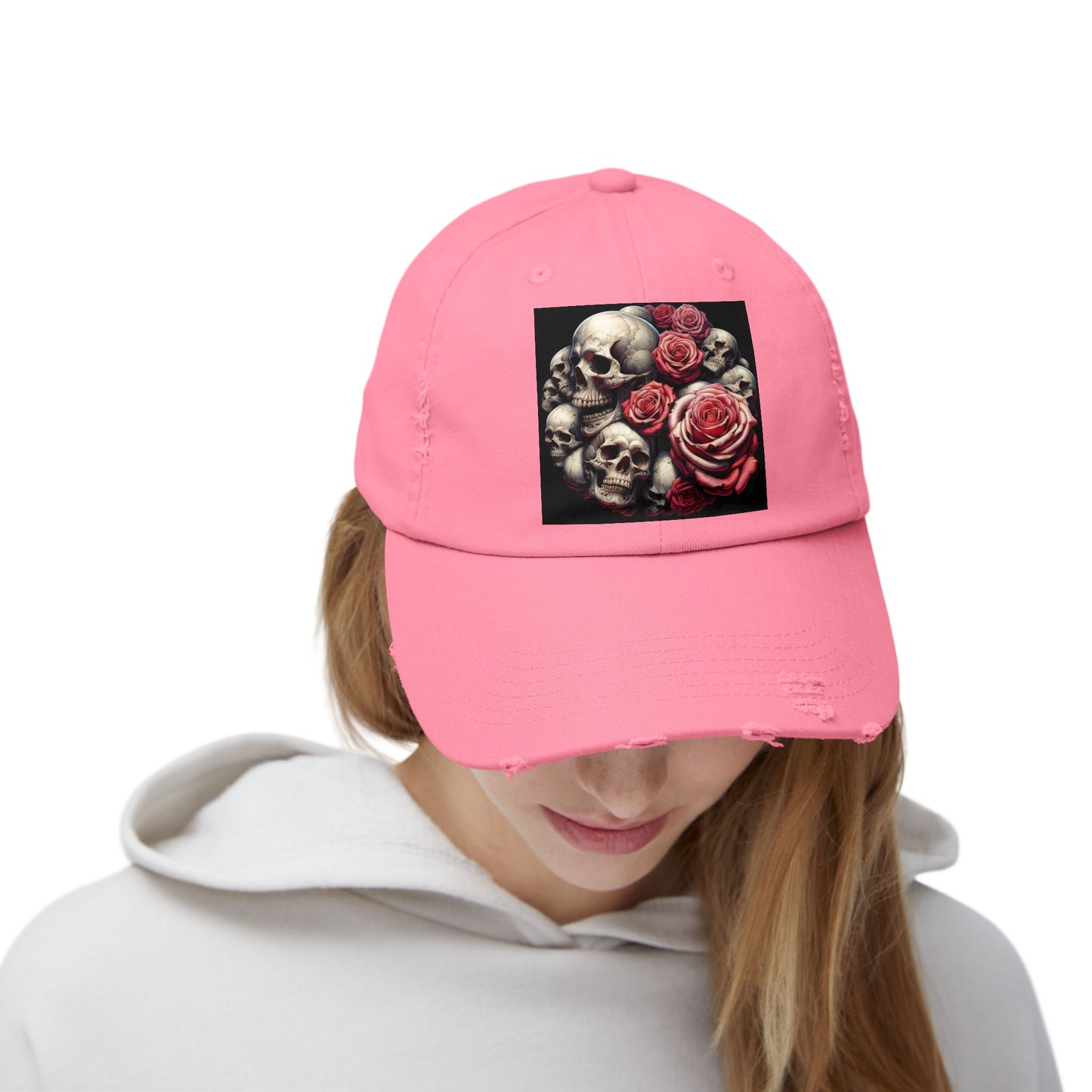 Pink Roses💕💀Skull💕Unisex Distressed Cap